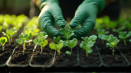 Close up of hands in gloves planting seedlings in garden, focus on plants and hands