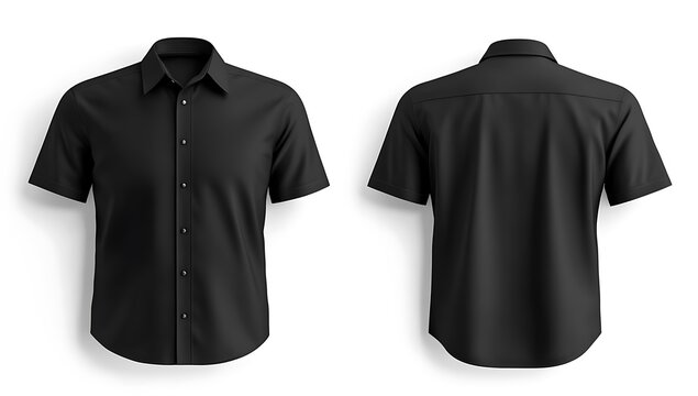 a clean front and back view of a black short-sleeved shirt- showcasing its classic design and tailored fit against a white background- ideal for apparel mockups and presentations