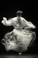 Fototapeta premium Graceful dance with light clothing on black background. Possible dance studio promo