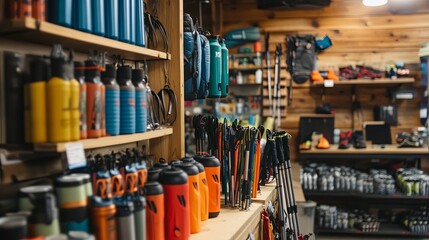 A vibrant camping store showcasing neatly organized trekking poles, boots, and water bottles. digital