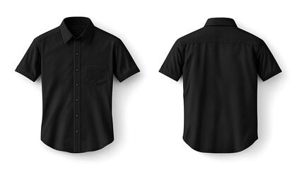 a clean front and back view of a black short-sleeved shirt- showcasing its classic design and tailored fit against a white background- ideal for apparel mockups and presentations