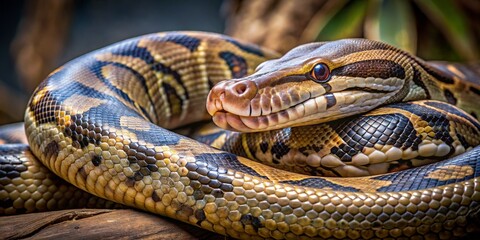 Fototapeta premium Close-Up of Colorful Python Coiled Around Natural Habitat