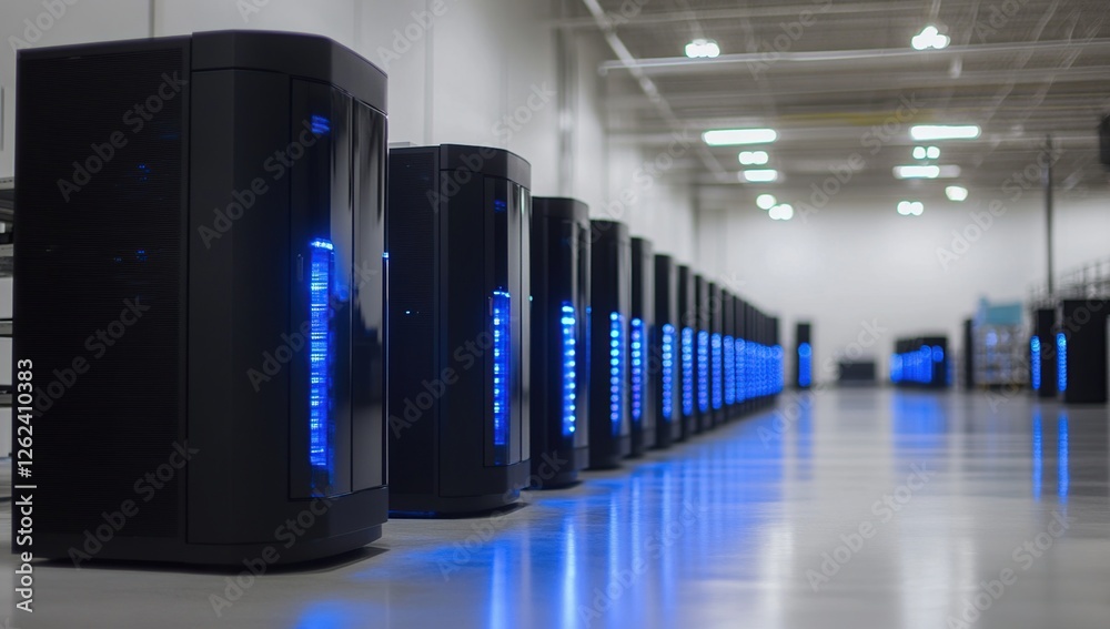 Poster exploring data center infrastructure: powerful servers illuminate modern computing with advanced tec