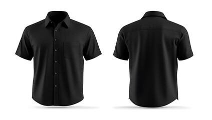 a clean front and back view of a black short-sleeved shirt- showcasing its classic design and tailored fit against a white background- ideal for apparel mockups and presentations