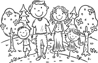 Hand drawing happy family walking together outdoors. Cartoon parents and children walks in nature