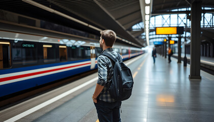 A man is waiting for a train on the platform. A young guy, a passenger with a backpack is standing on the platform waiting for the train. with white shades