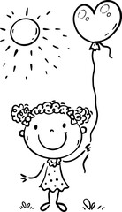 Hand drawn little girl standing outdoors with balloon. Happy cartoon kid outline illustration, isolated character