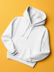 White hoodie displayed on a vibrant yellow background, showcasing its design and texture for fashion promotion