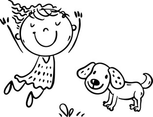 Hand drawn happy child playing with puppy dog outdoors. Cartoon characters, outline vector illustration