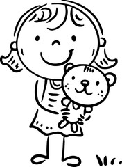 Hand drawn kid holds a kitten in his arms. Cartoon girl and pet, isolated outline illustration