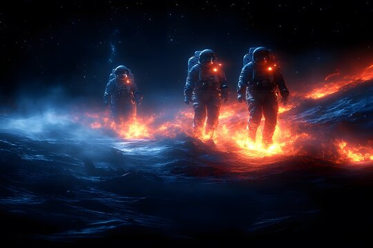 Exploration of Fiery Alien Landscape by Astronauts in Space