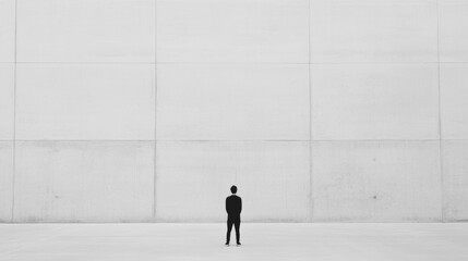 Man facing large concrete wall, urban setting, contemplation, website banner