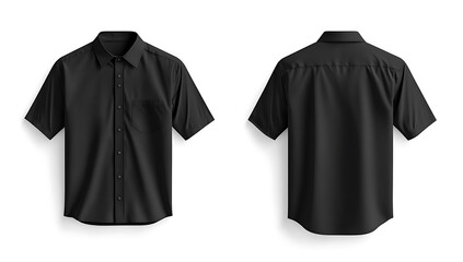 a clean front and back view of a black short-sleeved shirt- showcasing its classic design and tailored fit against a white background- ideal for apparel mockups and presentations