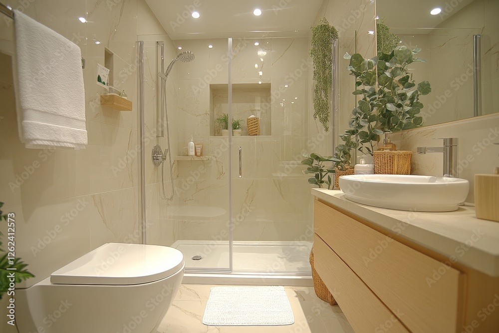 Poster modern bathroom design featuring a seamless shower and elegant touches of greenery for a relaxing at