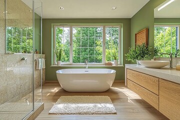 Fototapeta premium Bright and modern bathroom with large windows and elegant fixtures offering a serene escape in nature