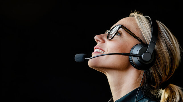 Focused Businesswoman in a Conference Meeting Discussion. Woman in headset looking up with a smile.