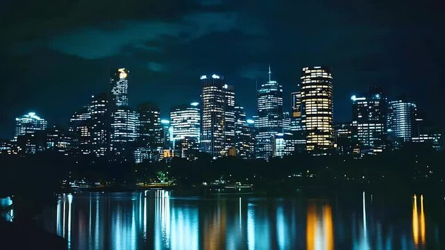 Beautiful city skyline at night reflecting on calm water. Seamless looping time lapse animation video background.  
