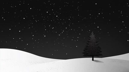 Naklejka premium Snowy landscape with a single pine tree on a winter night illuminated by falling snowflakes