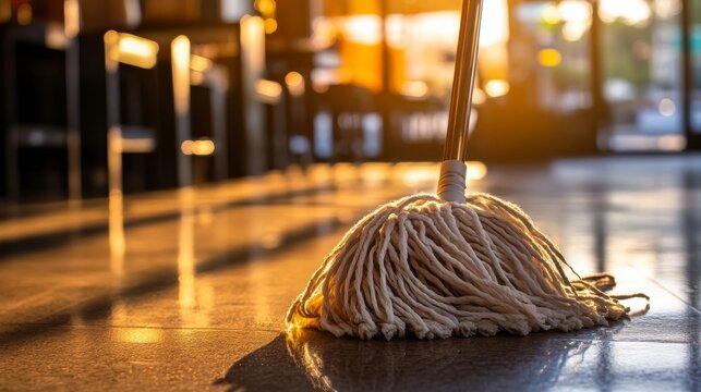 Mop resting on a freshly cleaned floor in a sunlit cafe during the early evening hours