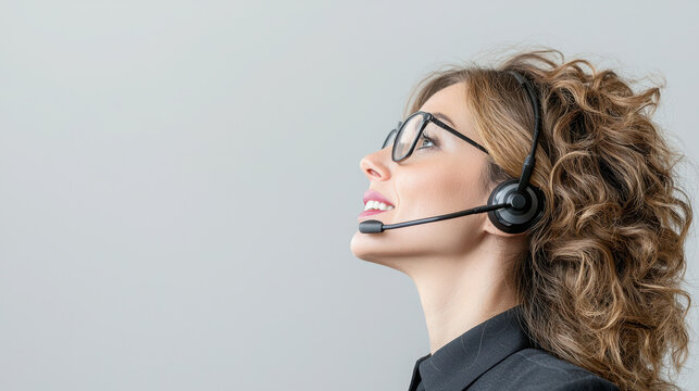Focused Businesswoman in a Conference Meeting Discussion. Professional woman with headset in a customer service role.