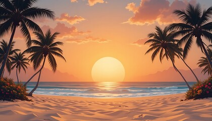 Tropical Sunset Beach Scene With Palm Trees
