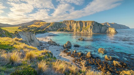 Coastal Beach Cove at Sunset, Dramatic Cliffs, Golden Hour