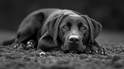 labrador noir allong&Atilde;&copy;, vu de face, la t&Atilde;&ordf;te pos&Atilde;&copy;e par terre entre ses pattes avant - noir et blanc  HD 8K wallpaper Photographic Image