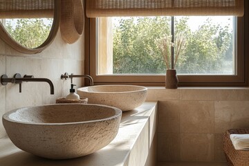 Fototapeta premium Modern bathroom design with natural stone sinks and sunlight streaming through large windows in a serene setting