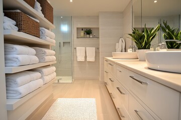 Fototapeta premium Elegant modern bathroom with neatly arranged towels and plants offering a serene atmosphere for relaxation and comfort