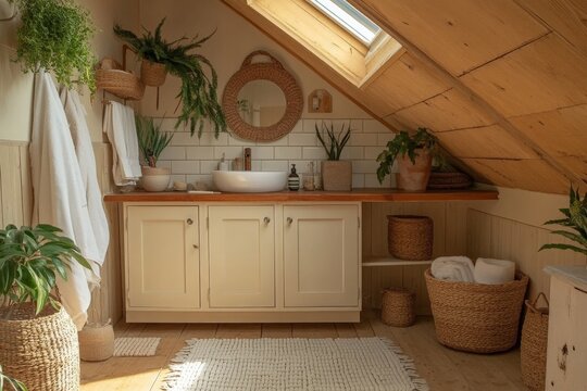 Cozy bathroom with natural decor and plants under sloped wooden ceiling in a serene attic space