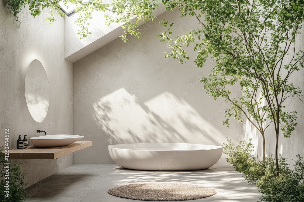 Aufkleber Modern bathroom design with natural light and greenery creating a serene atmosphere for relaxation