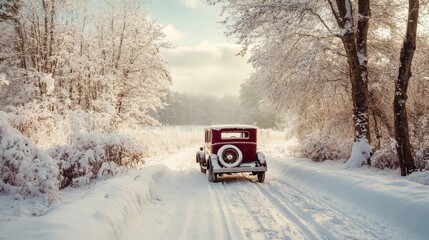Vintage car travels down snowy road through winter wonderland landscape with frosted trees in late afternoon light