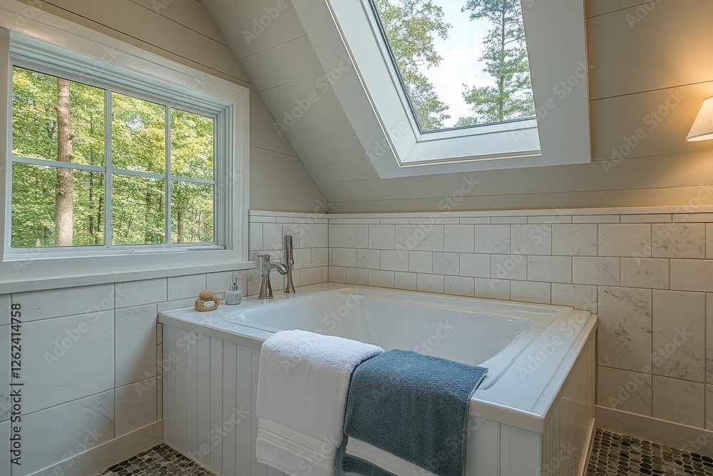 Poster relaxing bathroom with modern tub and large window overlooking trees in a serene setting