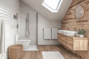 Fototapeta premium Bright and modern bathroom design with natural wood accents and spacious layout