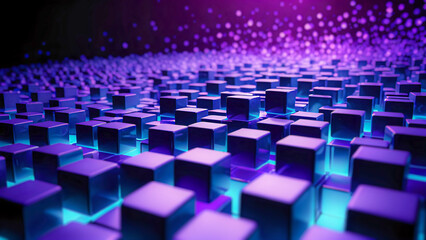 Obraz premium Abstract blurry cyber background with blue and purple neon cubes crumbling and waving. Concept of digital data streaming.
