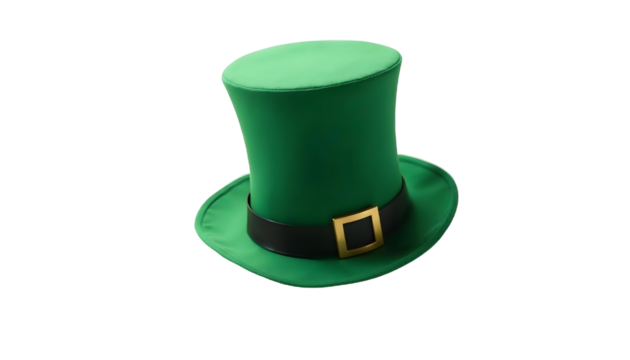 A cheerful green leprechaun hat with a gold buckle, presented on a transparent background, celebrating St. Patrick's Day