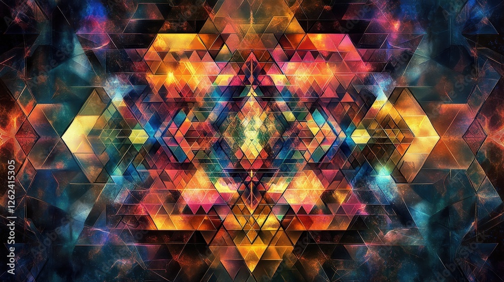 Poster interconnected triangles and polygons, filled with vibrant hues and patterns, exploring the balance 