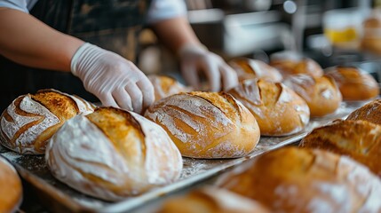 Rows of golden crusty bread loaves dusted with flour on display closeup image. Warm bakery. Professional baking hands close up photography. Food industry concept photo realistic