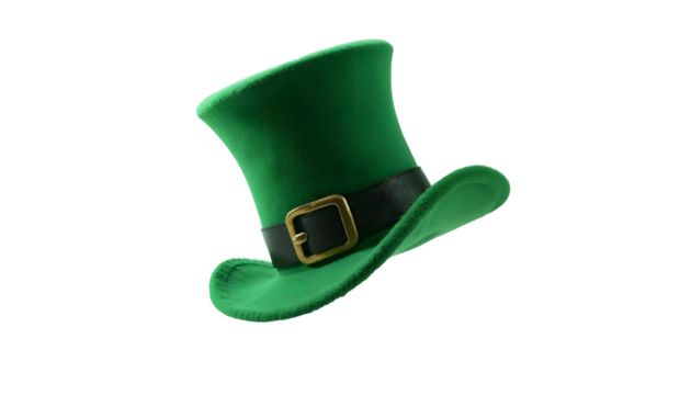 A vibrant green hat featuring a gold buckle, ideal for leprechauns, displayed on a transparent background for St. Patrick's Day