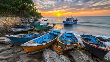 Obraz premium Colorful fishing boats at sunrise coastal dock