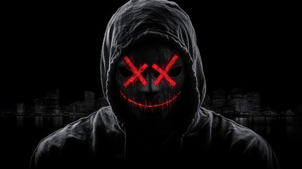 A futuristic, anonymous figure with a neon mask, glowing red X eyes, and an eerie smile stands in the shadows. 
