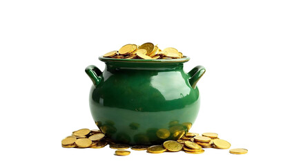A vibrant green pot filled with shiny gold coins, representing St. Patrick's Day festivities on a transparent background