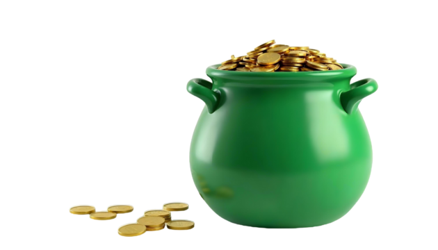 Green pot overflowing with gold coins, symbolizing St. Patrick's Day celebration against a transparent background