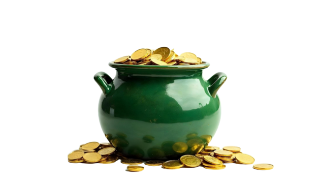 A vibrant green pot filled with shiny gold coins, representing St. Patrick's Day festivities on a transparent background