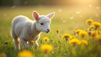 Obraz premium A baby lamb stands in a vibrant meadow filled with colorful spring flowers, embodying the essence of new life
