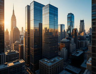 City Skyline View at Sunset with Skyscrapers and Reflections