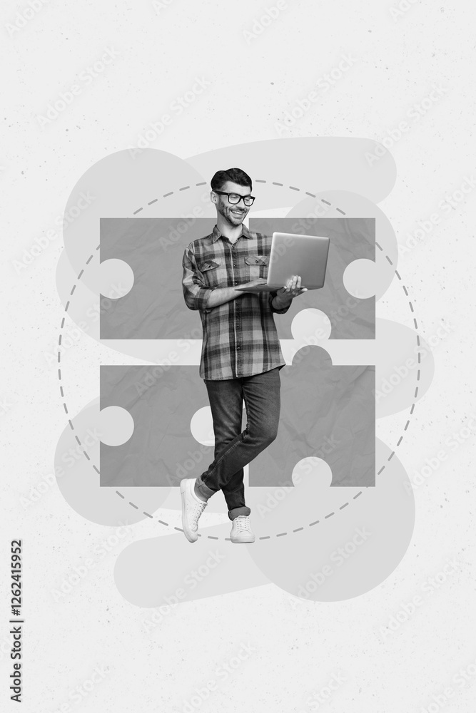Aufkleber Creative photo collage of young successful positive expert programmer application developer hold laptop isolated on yellow painted background