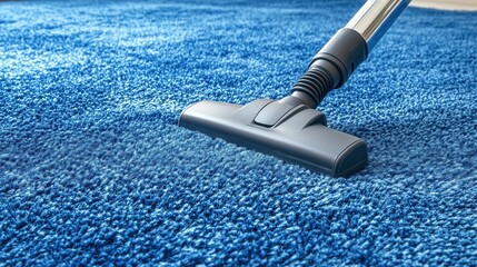 Vacuum cleaner is cleaning blue carpet at home