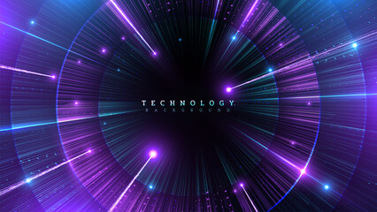 Blue and pink beams of light radiate out in a circle decorated with a glowing effect with empty space in the middle, colorful futuristic technology background. Vector illustration. © witsanu
