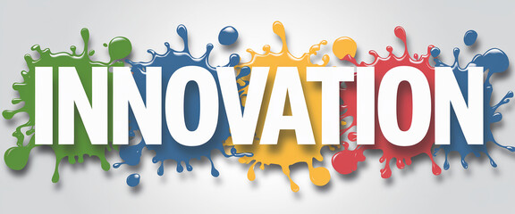 A vibrant, high-energy image featuring the word "INNOVATION" in bold letters surrounded by colorful paint splashes in green, blue, yellow, and red, symbolizing creativity and progress.
